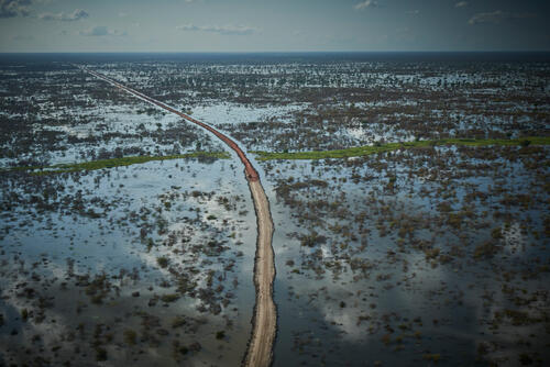 Aerial view of a road being built in Bentiu